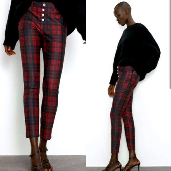 Zara Red and Black Tartan Plaid Mid-Rise Skinny Coated Pants Size 6 - Picture 1 of 13
